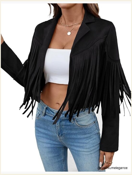 Jackets & Blazers - Faux Suede Leather Cropped Jacket with Fringe Tassel Sleeves Lined